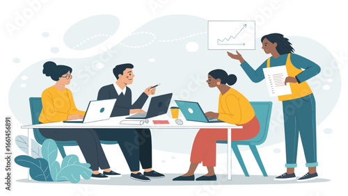 Diverse business team collaborating in a modern office meeting, discussing growth strategy and presenting positive results. Professional teamwork concept.