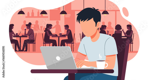 Young man focused on his laptop, enjoying a hot drink in a bustling cafe. Perfect for remote work, productivity, and lifestyle.