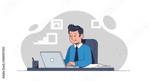 Smiling businessman working diligently on his laptop at a modern desk, representing productivity, remote work, and professional online communication.