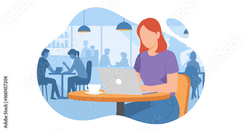 Woman working on a laptop in a modern cafe, enjoying coffee. Represents remote work, freelancing, digital nomad lifestyle, and productivity. Business and lifestyle concept.