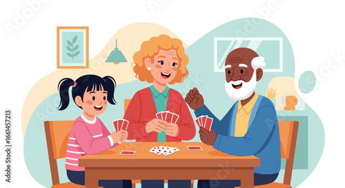 Happy multi-generational family playing cards together at home, enjoying leisure time and bonding. Perfect for family fun and intergenerational connection.
