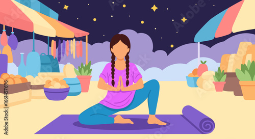 A woman practices yoga in a serene lunge pose at a lively night market under a starry sky, embodying balance, wellness, and mindful living.