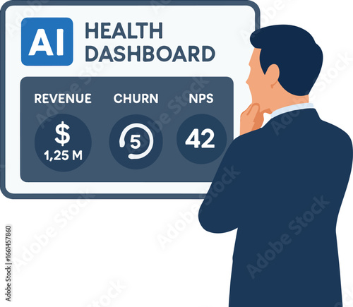 CEO with AI health dashboard -3 KPIs revenue, churn, NPS Illustration