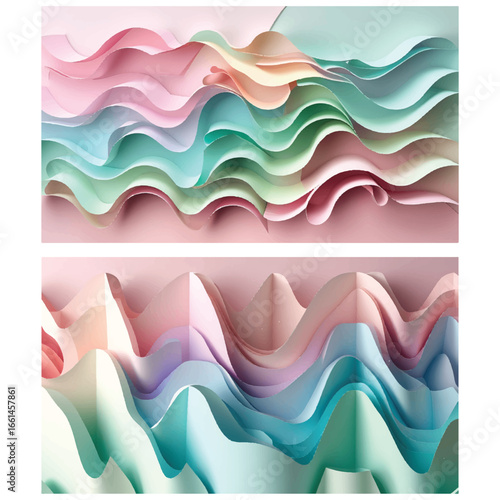 Set of abstract backgrounds with 3D layered paper waves in soft pastel colors. Elegant papercraft style for modern design projects.
