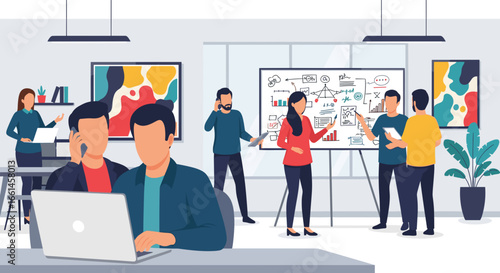 Diverse business team collaborating in a modern office. Professionals brainstorm ideas, analyze data, and communicate for project success.