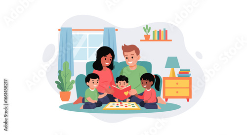 Loving family enjoying story time at home. Parents read to their three cheerful children, fostering education, connection, and happy memories.