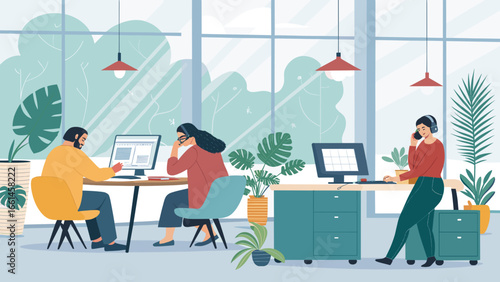 Professionals collaborate and work efficiently in a modern, plant-filled office. Natural light fosters a productive, healthy, and inviting workspace.