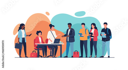 Diverse business professionals collaborate and interact in a dynamic modern workplace, symbolizing teamwork, communication, and career development. Ideal for corporate, HR, and education.