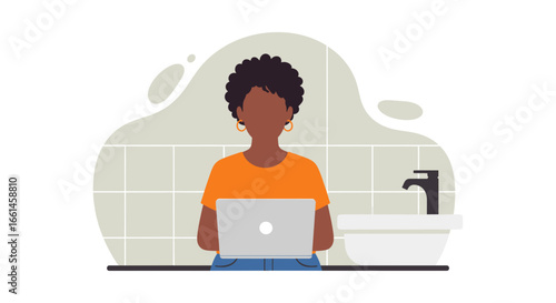 African American woman working remotely on laptop in a stylish bathroom setting, depicting flexible work and modern lifestyle.
