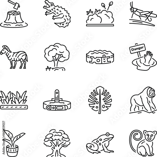 Pack of Rainforest Animals Linear Style Icons 