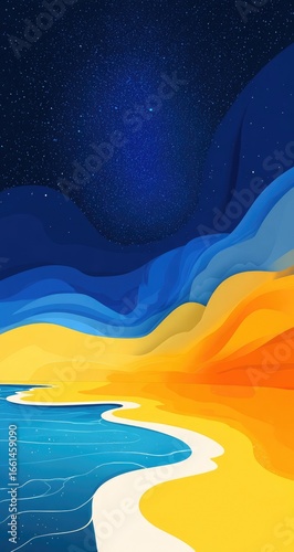 Night beach scene, stylized landscape with vibrant colors.  Stars and mountains