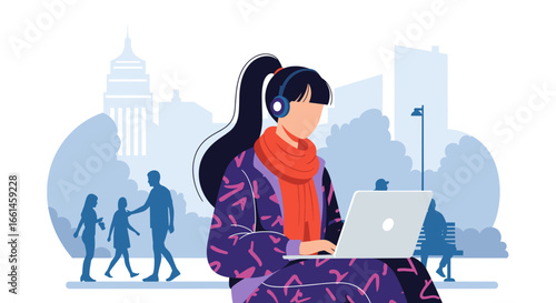 Focused woman in headphones uses laptop in an urban park, embodying flexible work, online learning, and modern digital life.