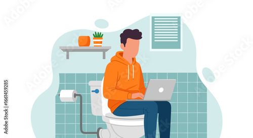 Man working on laptop while sitting on toilet. Illustrates remote work, multitasking, or a digital lifestyle, emphasizing productivity anywhere.