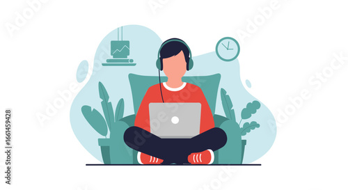 Person working remotely from home, using a laptop and headphones for online learning, remote job, or casual browsing in a relaxed setting.