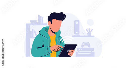 Young person using a tablet at home, engaging with technology for leisure or communication. Represents modern connectivity and digital lifestyle.
