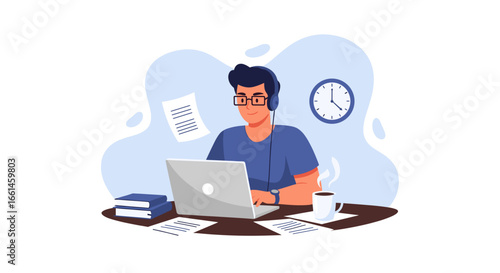 Young man in headphones working remotely on laptop with coffee and books, illustrating productivity and modern flexible work or study lifestyle.