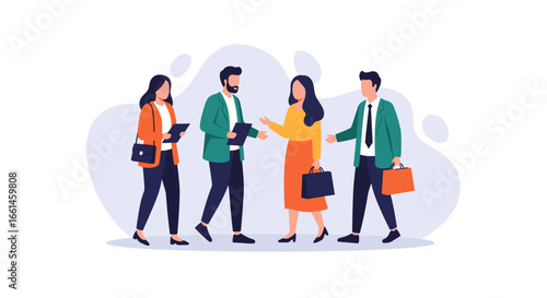 Diverse business professionals networking and collaborating, emphasizing teamwork and effective communication in a modern corporate setting. Ideal for themes of partnership and growth.