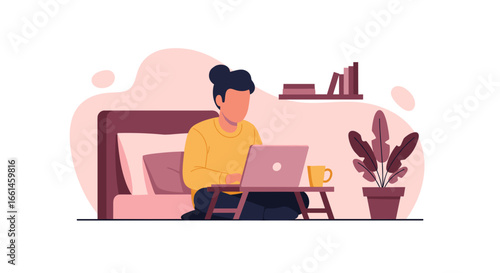 Person working remotely on laptop in a comfortable bedroom setting, illustrating flexible work, home office, and online learning concepts.