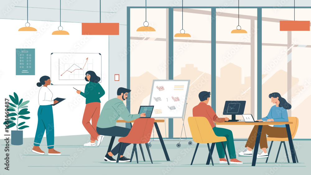 Fototapeta premium Dynamic team of professionals collaborating in a vibrant, open-plan office. Illustrates modern workplace productivity, teamwork, and business strategy.