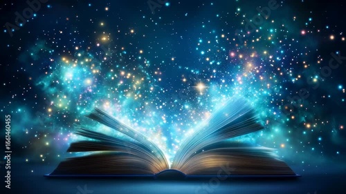 Fantasy book open with magical glowing stars and light particles emerging, suggesting imagination, wonder, and storytelling in a dreamy atmosphere
