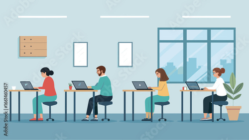 Diverse professionals working diligently on laptops in a modern office environment. Represents teamwork, productivity, collaboration, and a thriving business workspace.