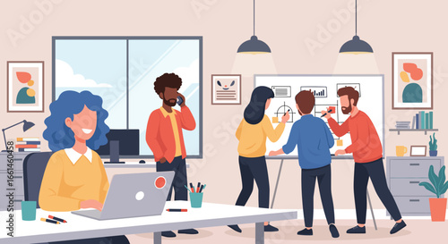 Diverse business team collaborating and working productively in a modern office environment. Concepts of teamwork, innovation, and strategic planning.