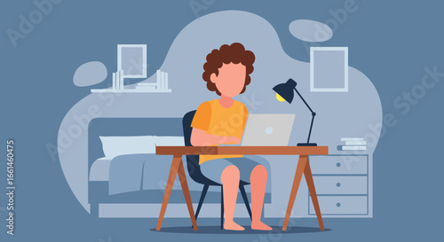 Person working remotely on a laptop in a cozy home bedroom setting, ideal for concepts of online learning, remote work, or personal productivity.