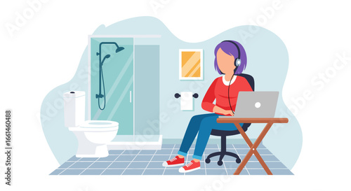 Person working remotely on a laptop in a bathroom, highlighting the adaptability and challenges of unconventional home office setups.