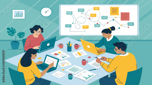 Diverse team collaborating actively in an office, using laptops and analyzing data for strategic business planning. Illustrates teamwork, productivity, and project development.