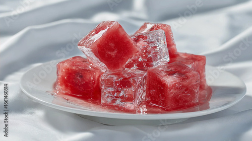 Cubes of frozen watermelon and ice rest on a white plate, melting beautifully on a soft white cloth