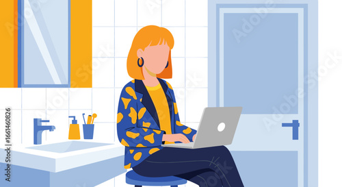 Woman uses a laptop in a restroom, depicting modern work flexibility, remote lifestyle, or balancing tasks in an unconventional setting.