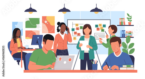 Diverse team collaborating in a modern office, engaged in project planning, communication, and creative work. Ideal for business, teamwork, startup, and professional development concepts.
