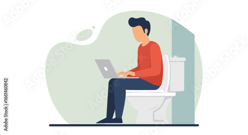 Man working on laptop while sitting on the toilet, representing remote work, multitasking, and the challenges of modern work-life balance.