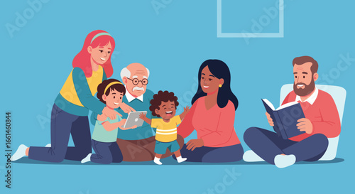 Happy diverse multi-generational family enjoying quality time at home. Grandparents, parents, and children interact with technology and books, fostering learning and connection.