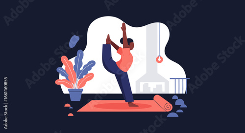 Person gracefully performs a yoga pose on a mat indoors, embodying balance, flexibility, and a mindful approach to a healthy lifestyle.