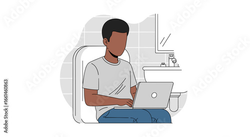 African American man works on a laptop while sitting on the toilet, depicting remote work, multitasking, and modern digital life.
