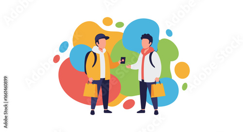 Two young men engaging in a mobile transaction or online shopping, holding a smartphone and shopping bags. Represents modern digital commerce, payment, and lifestyle.