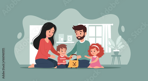 A happy family with two parents and two young children playing together at home, symbolizing love, care, and joyful childhood moments.