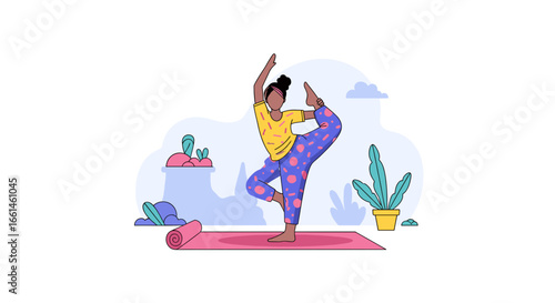 A woman practices yoga on a mat, achieving balance and flexibility in a serene flat illustration. Ideal for health, wellness, and lifestyle content.