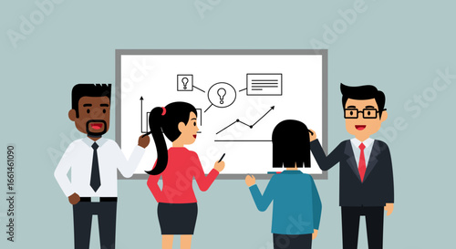 Diverse business team collaborating on ideas and strategies in a meeting, analyzing data and solving problems on a whiteboard. Ideal for concepts of teamwork, innovation, and growth.