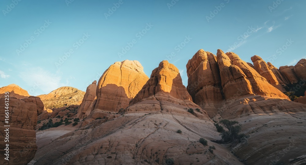 Fototapeta premium Sandstone Giants. A LowAngle View of Majestic Red Rock Formations Against Blue Sky