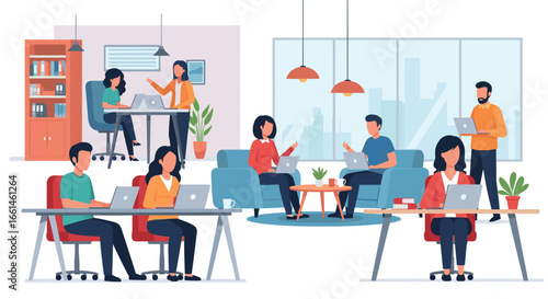 Diverse business team collaborating and working on laptops in a modern office space, showcasing productivity, teamwork, and a dynamic workplace environment.