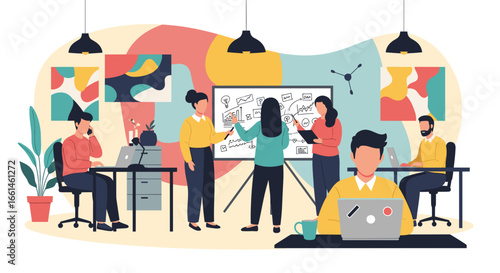 Diverse business team collaborating on a project with a whiteboard and laptops in a modern office, symbolizing innovation and successful teamwork.