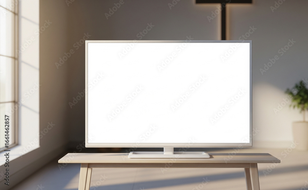 Fototapeta premium Tv Mockup In Quiet Church Reception With Natural Lighting