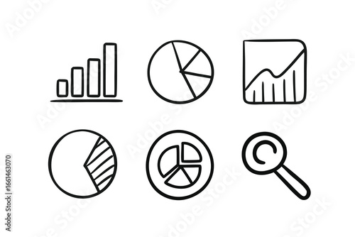 Data Visualization Graphics: Line art style visual presentation of graphs, charts, and data analysis tools. The clean lines and crisp presentation of graphs and charts is the focus of this image.