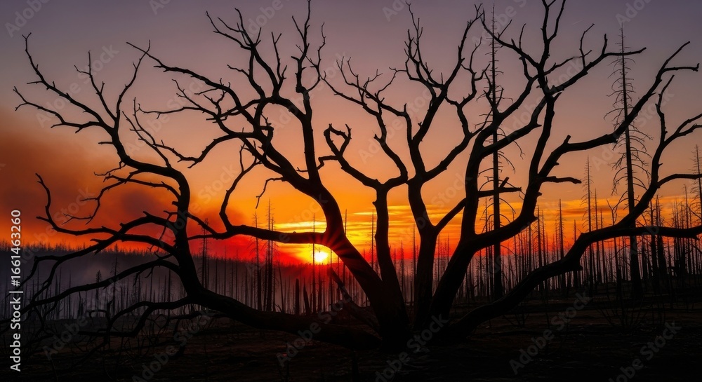 Obraz premium Photo of silhouette of a dead tree with bare branches against a dramatic sunset sky with smoke from a wildfire in the background, symbolizing destruction and natures power