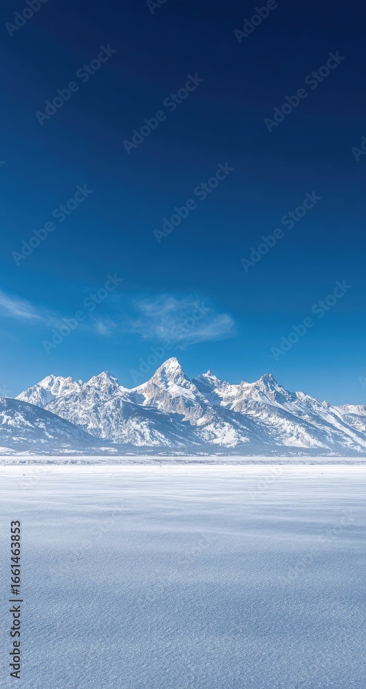Obraz premium Vast expanse of frozen terrain, snow-capped mountains rise against a brilliant blue sky