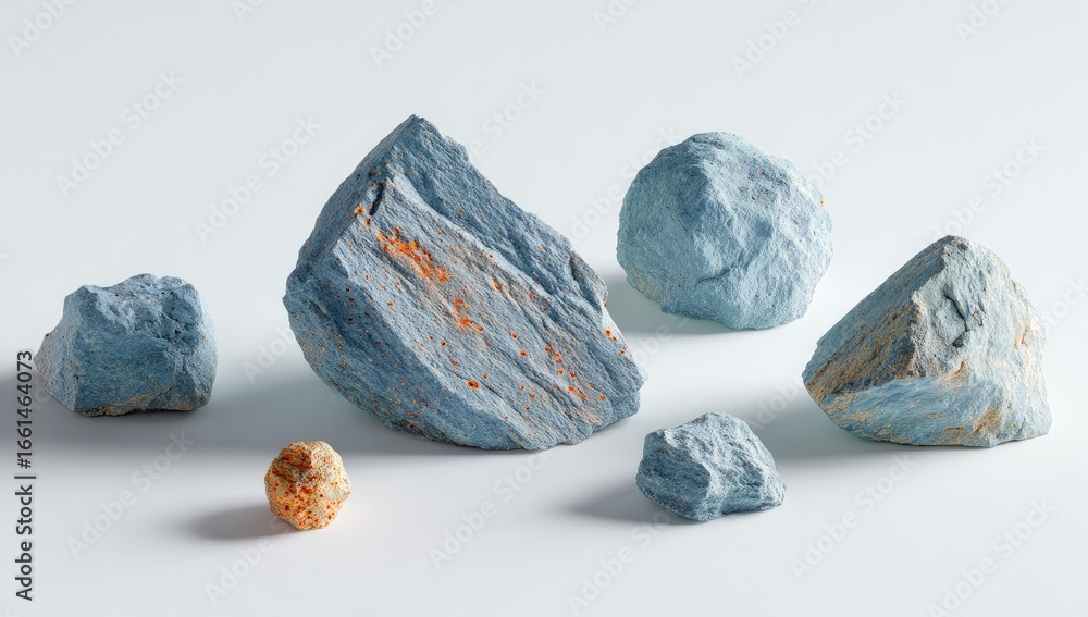 Naklejka premium Light blue rocks with orange streaks on a white surface