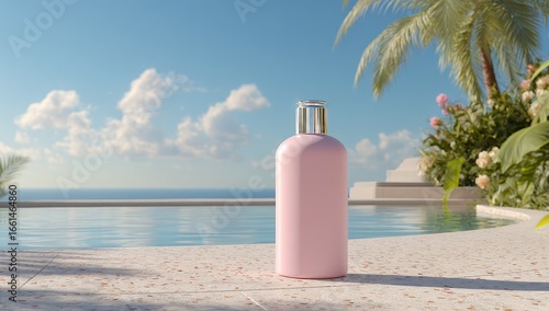 Pink bottle by pool, tropical setting