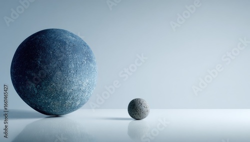 Two spheres, one large and one small, on a light blue-gray surface.  The larger sphere is a muted grayish-blue, textured, resembling a planet. The smaller sphere is a light gray.  